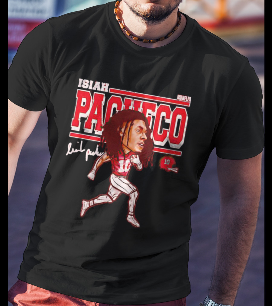 ISIAH PACHECO NFLPA Signature Caricature With Number 10 And Red Helmet T-Shirt