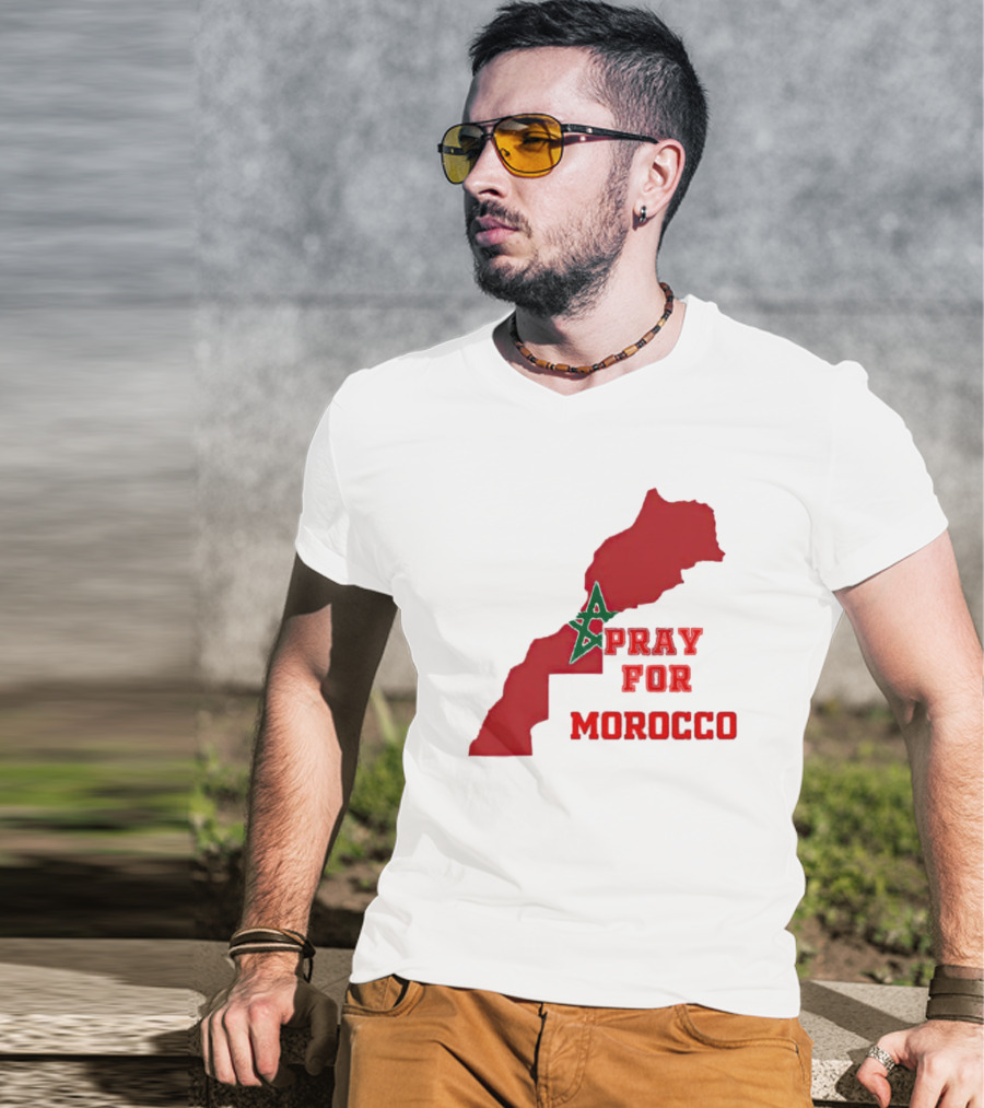 Pray For Morocco Map With Green Star And Red T-Shirt