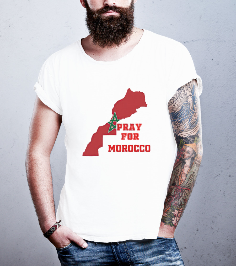 Pray For Morocco Map With Green Star And Red T-Shirt