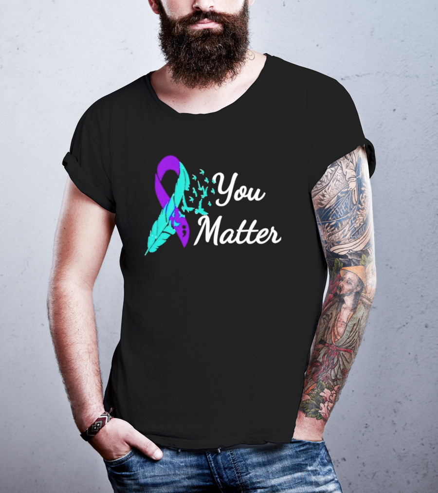 You Matter Suicide Prevention Purple Teal Ribbon Feather And Birds T-Shirt