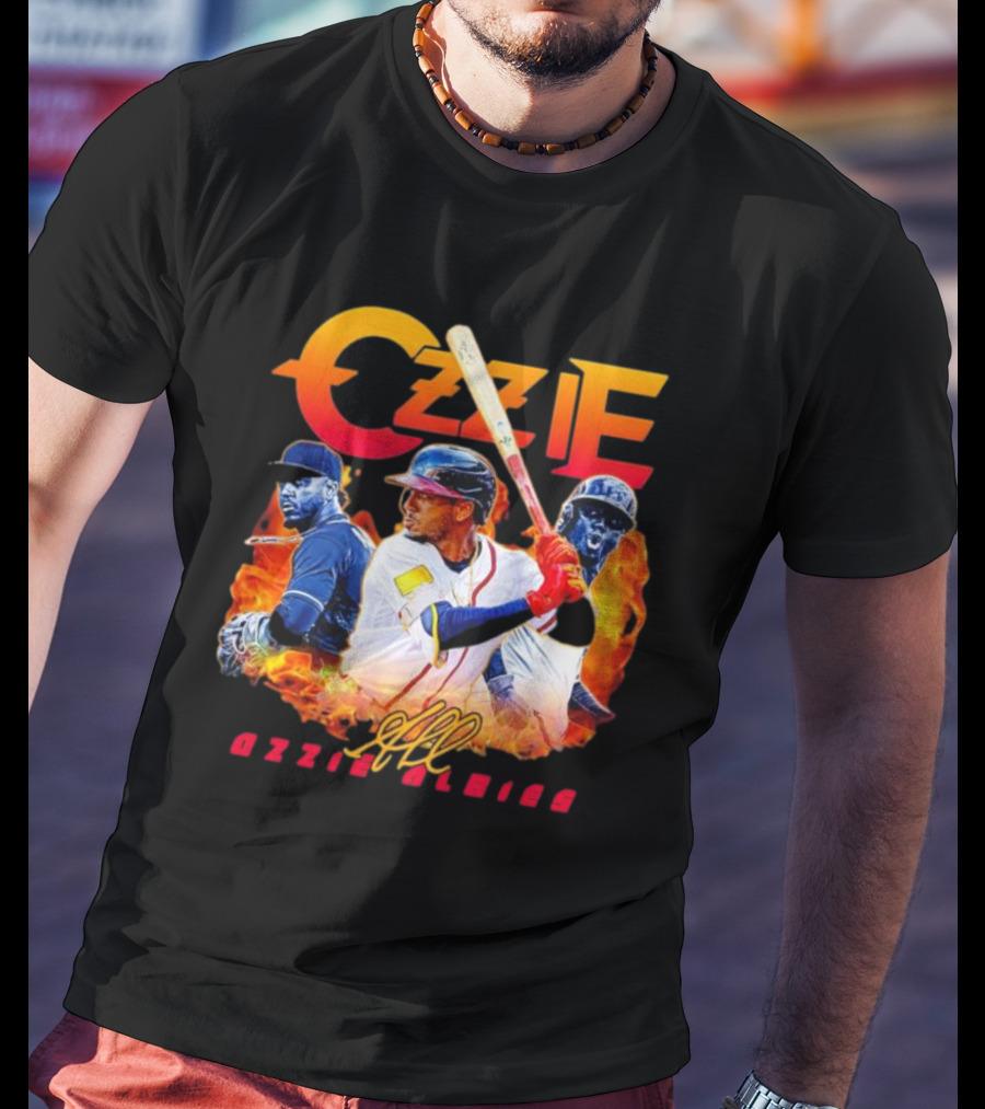 Ozzie Albies MLB Flame Graphic With Signature T-Shirt