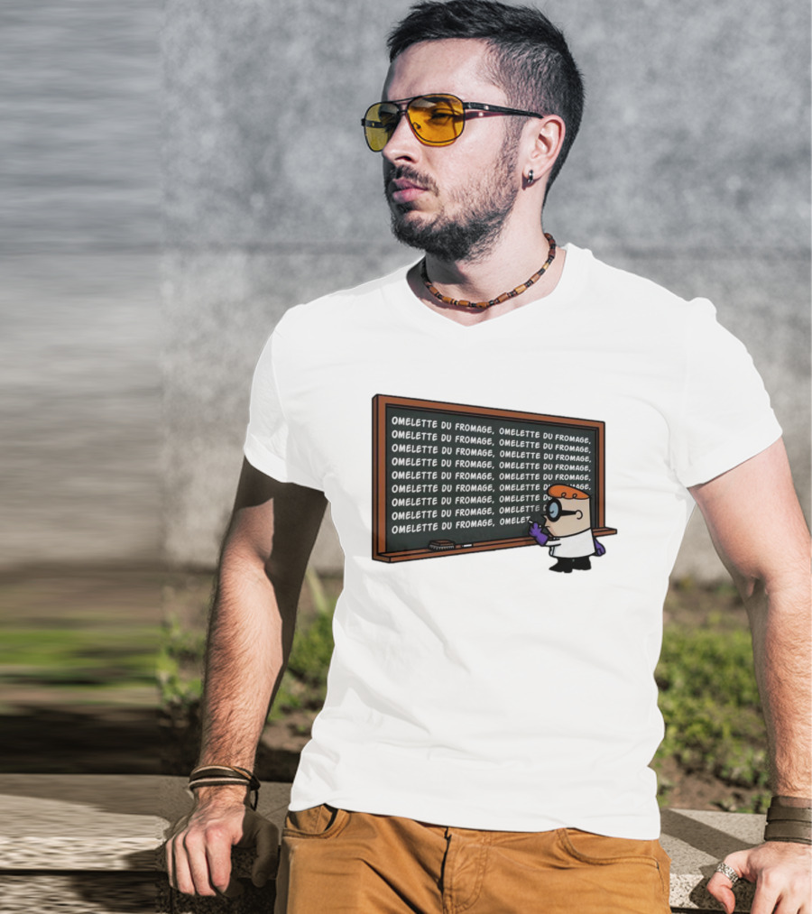 Omelette Du Fromage Chalkboard Cartoon Character Writing T-Shirt