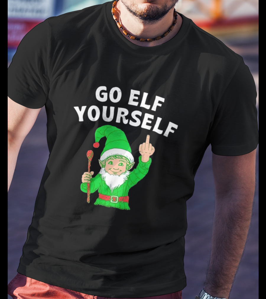 GO ELF YOURSELF Middle Finger Green Elf With Candy Cane T-Shirt