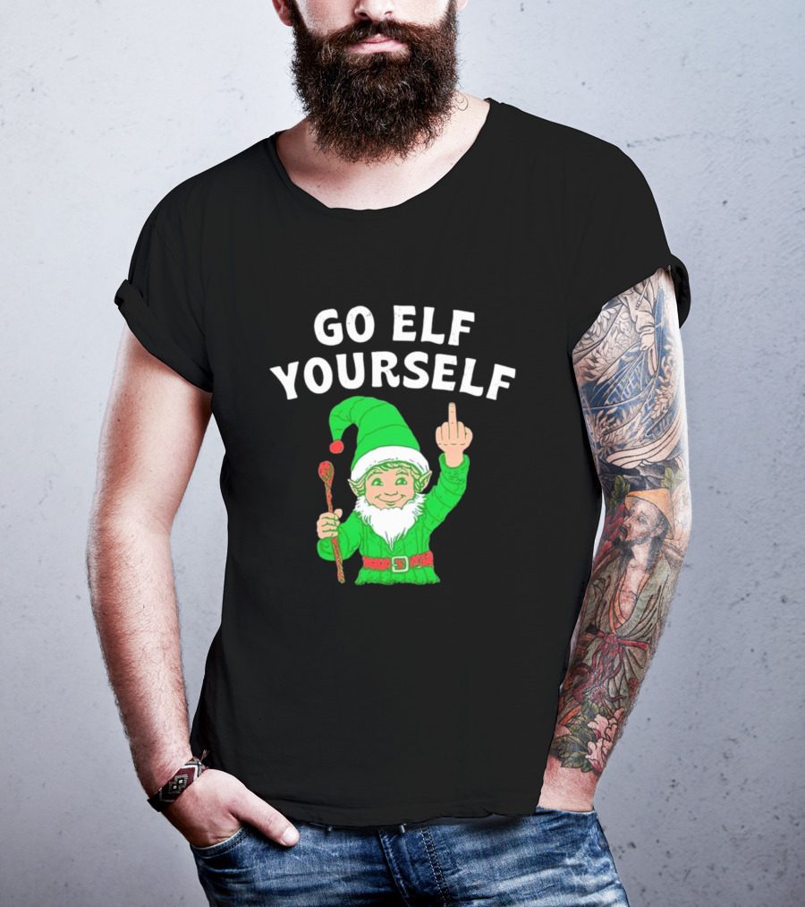 GO ELF YOURSELF Middle Finger Green Elf With Candy Cane T-Shirt