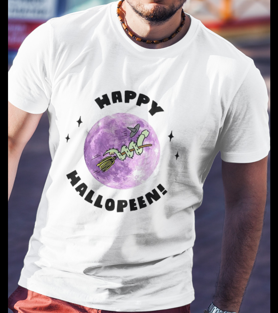 Happy Hallopeen Snake On Broomstick With Purple Moon Halloween T-Shirt