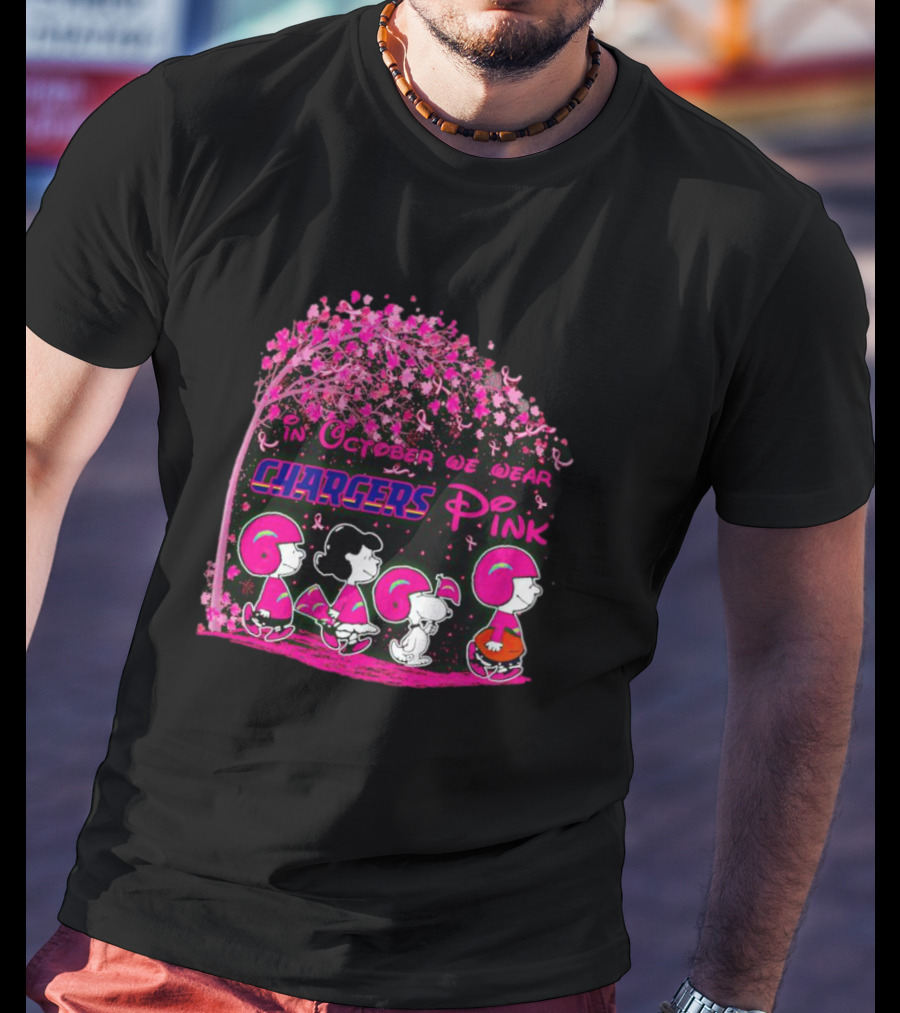 In October We Wear Chargers Pink Peanuts Characters T-Shirt