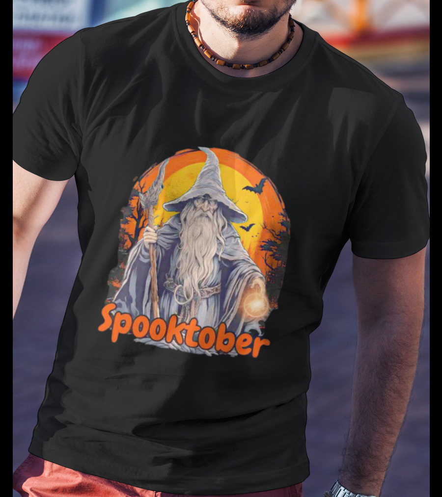 Spooktober Wizard Halloween With Wand And Orange Bats T-Shirt