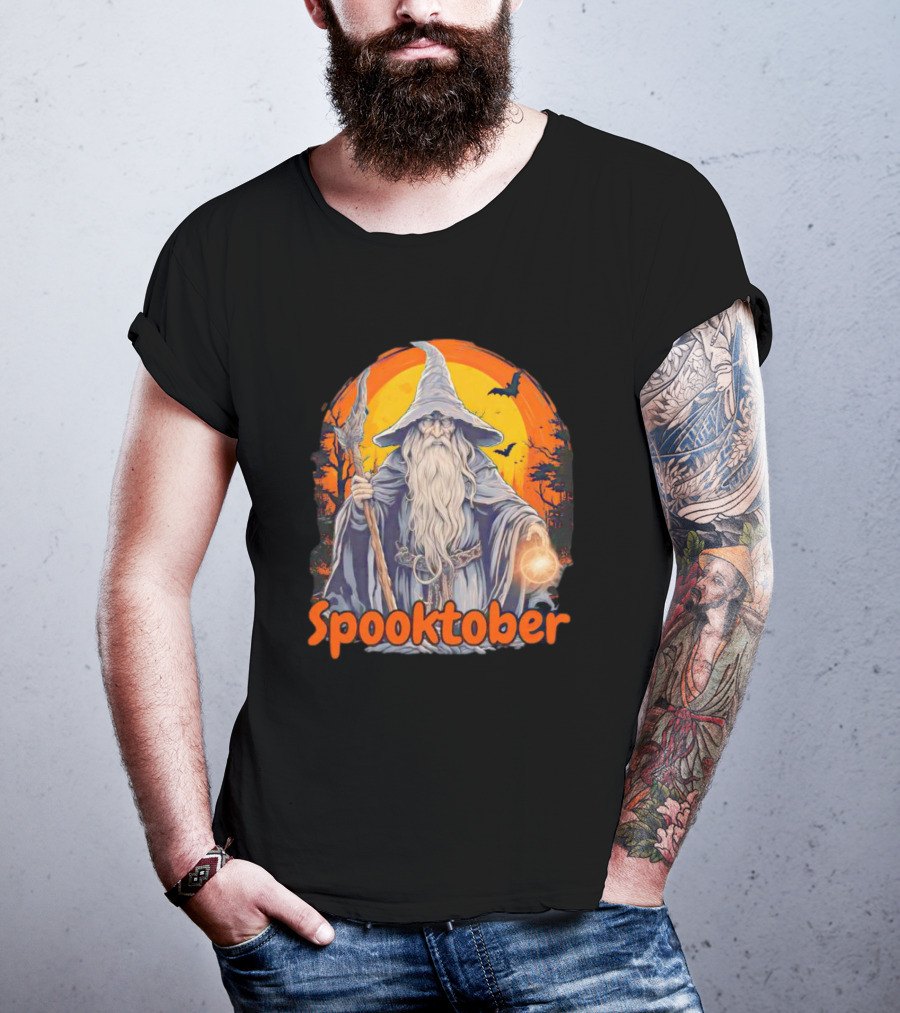 Spooktober Wizard Halloween With Wand And Orange Bats T-Shirt
