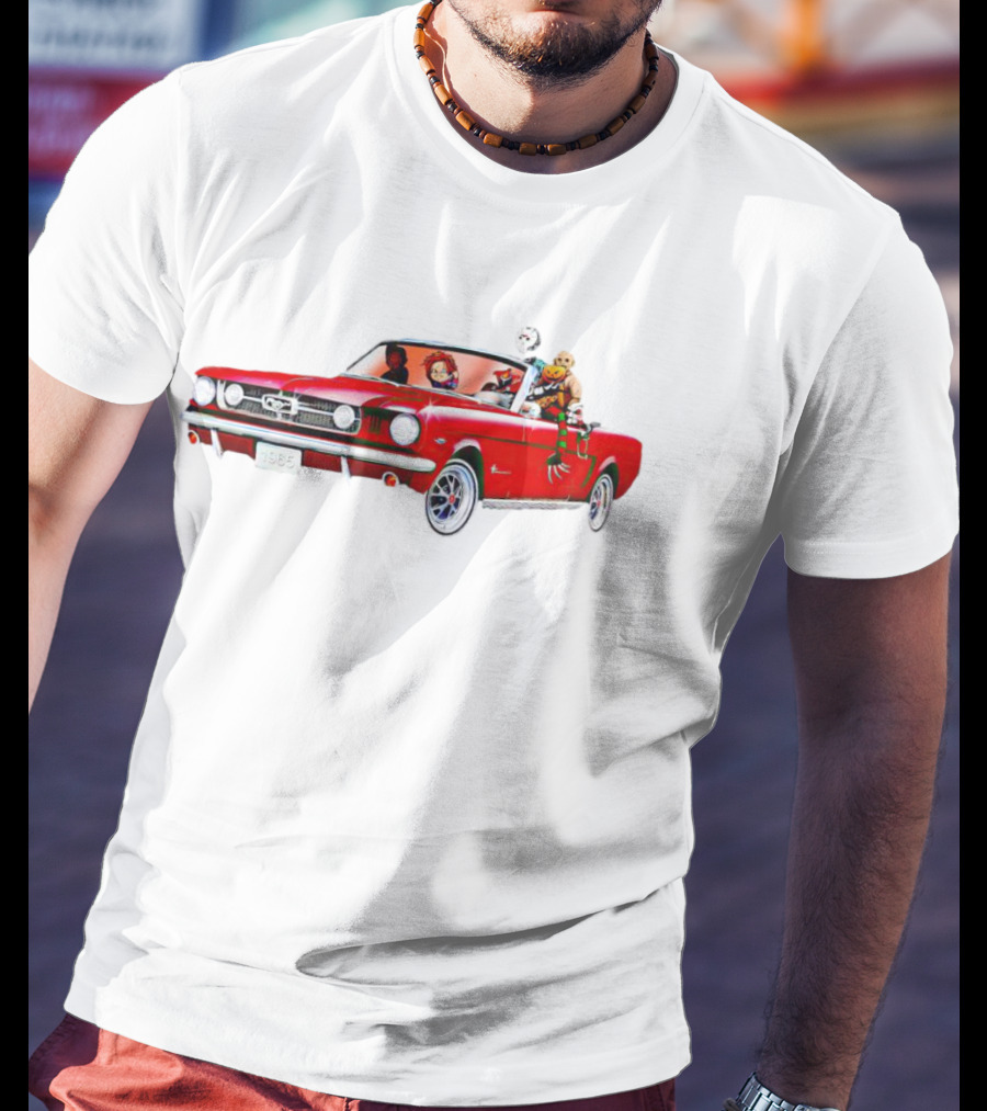 Horror Movie Icons In Red Mustang Car Driving Scene T-Shirt