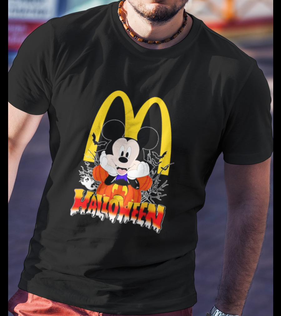 Mickey Mouse Halloween Pumpkin McDonald's Logo With Bats T-Shirt