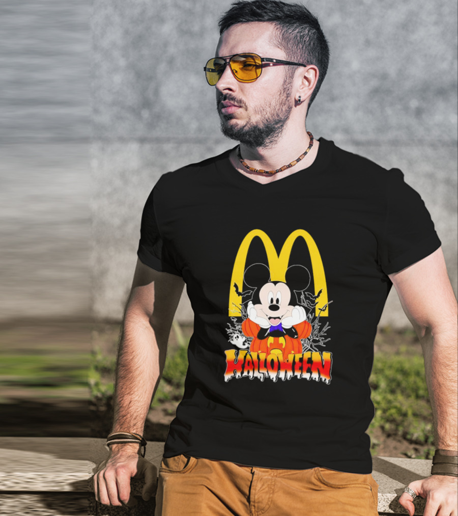 Mickey Mouse Halloween Pumpkin McDonald's Logo With Bats T-Shirt
