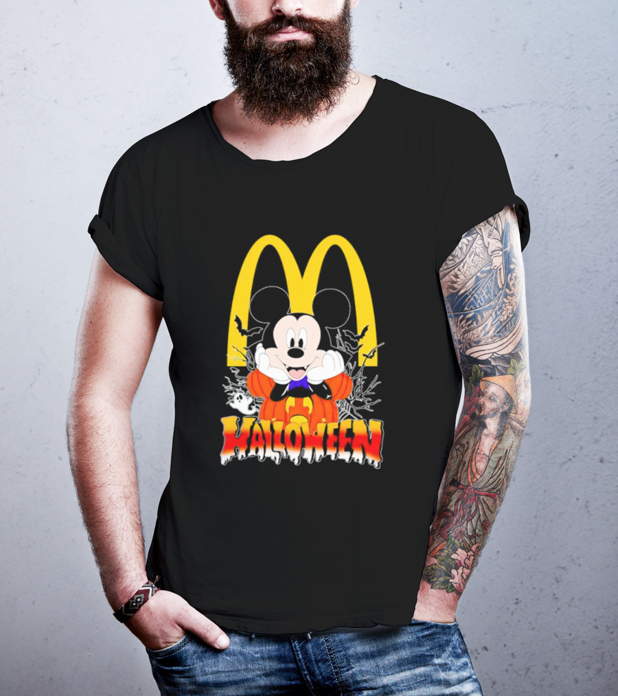 Mickey Mouse Halloween Pumpkin McDonald's Logo With Bats T-Shirt