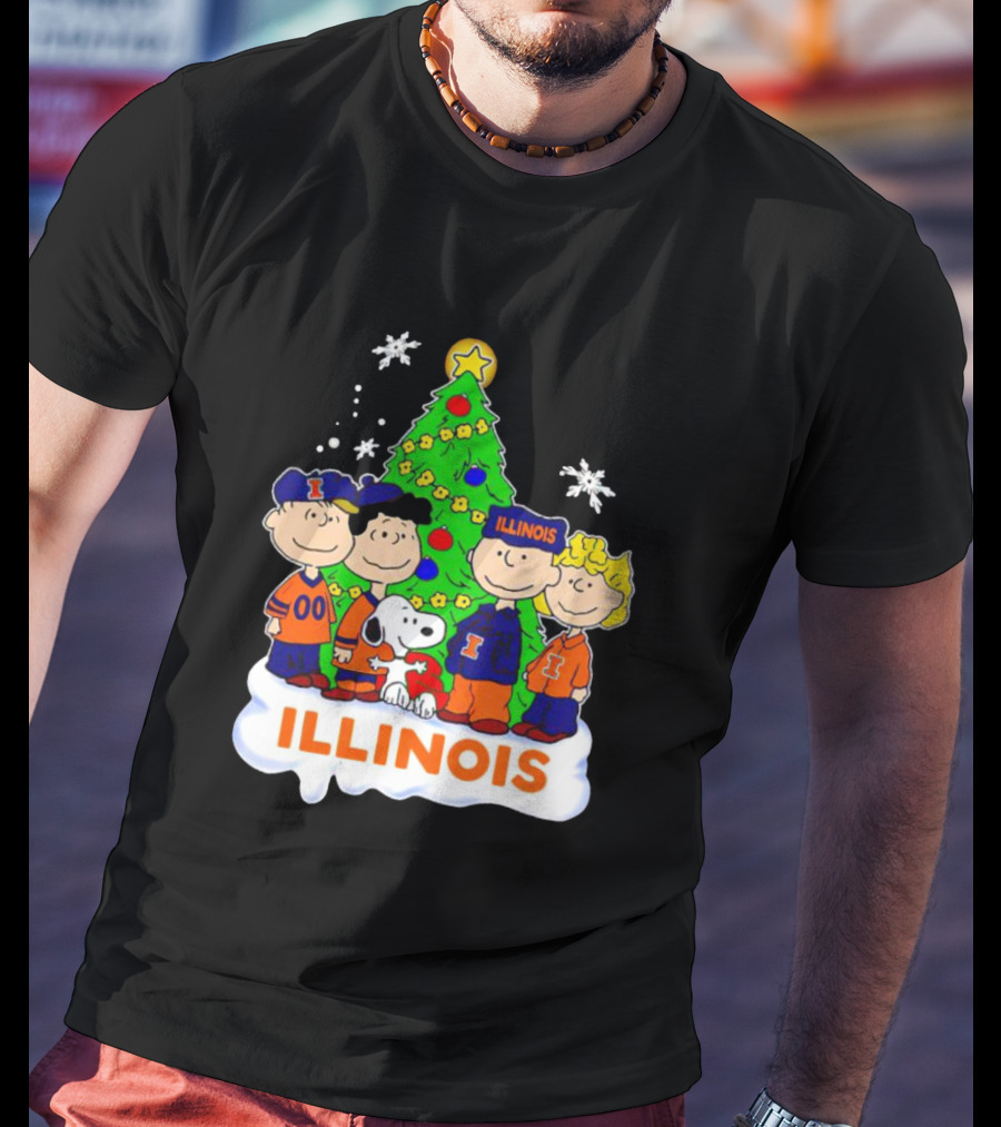 Peanuts Characters Illinois Christmas Tree With Snoopy And Festive Decorations T-Shirt