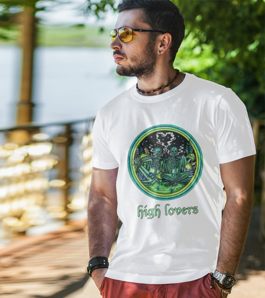 High Lovers Skeletons In Psychedelic Forest Scene T-Shirt