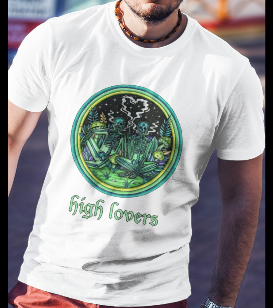 High Lovers Skeletons In Psychedelic Forest Scene T-Shirt