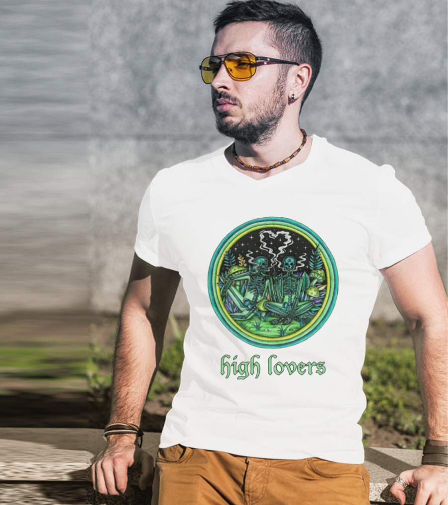 High Lovers Skeletons In Psychedelic Forest Scene T-Shirt