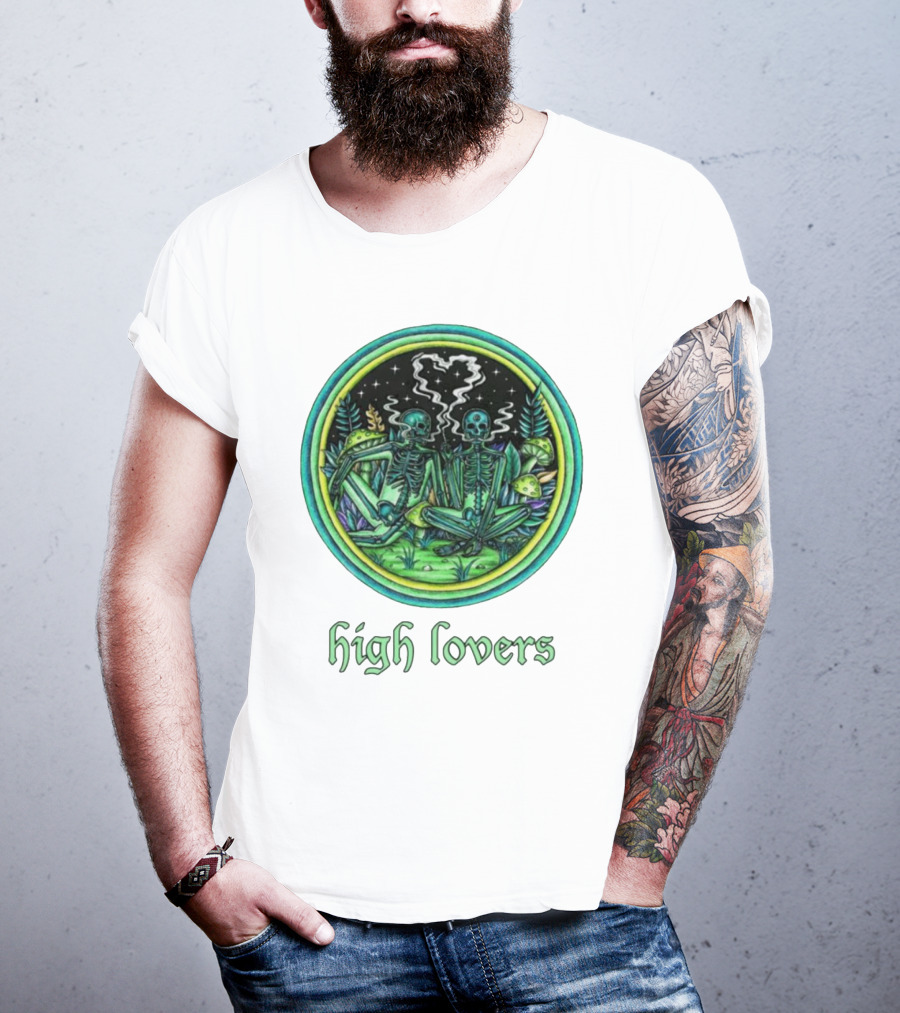 High Lovers Skeletons In Psychedelic Forest Scene T-Shirt