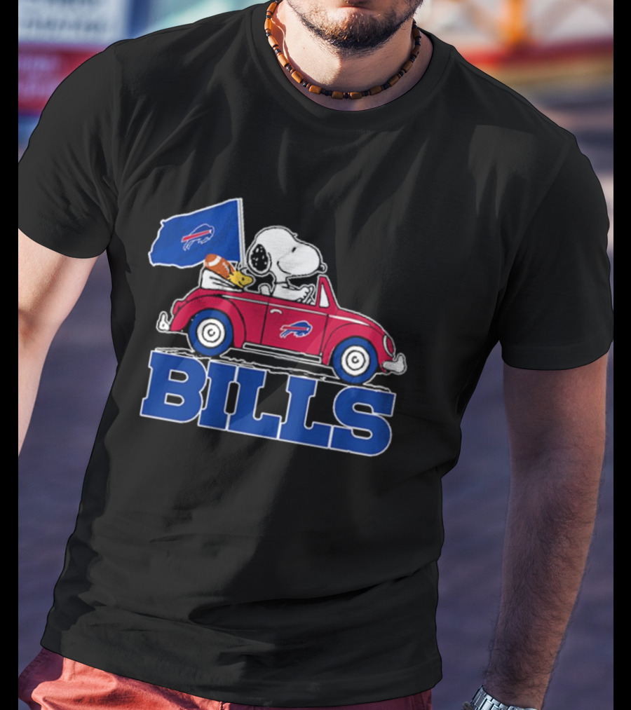 Snoopy Woodstock Driving Red Car Buffalo Bills Flag T-Shirt