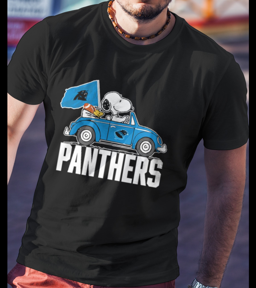 Snoopy And Woodstock Driving Car Panthers Flag T-Shirt