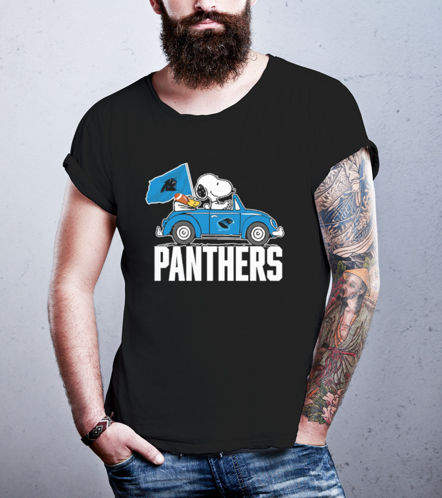 Snoopy And Woodstock Driving Car Panthers Flag T-Shirt