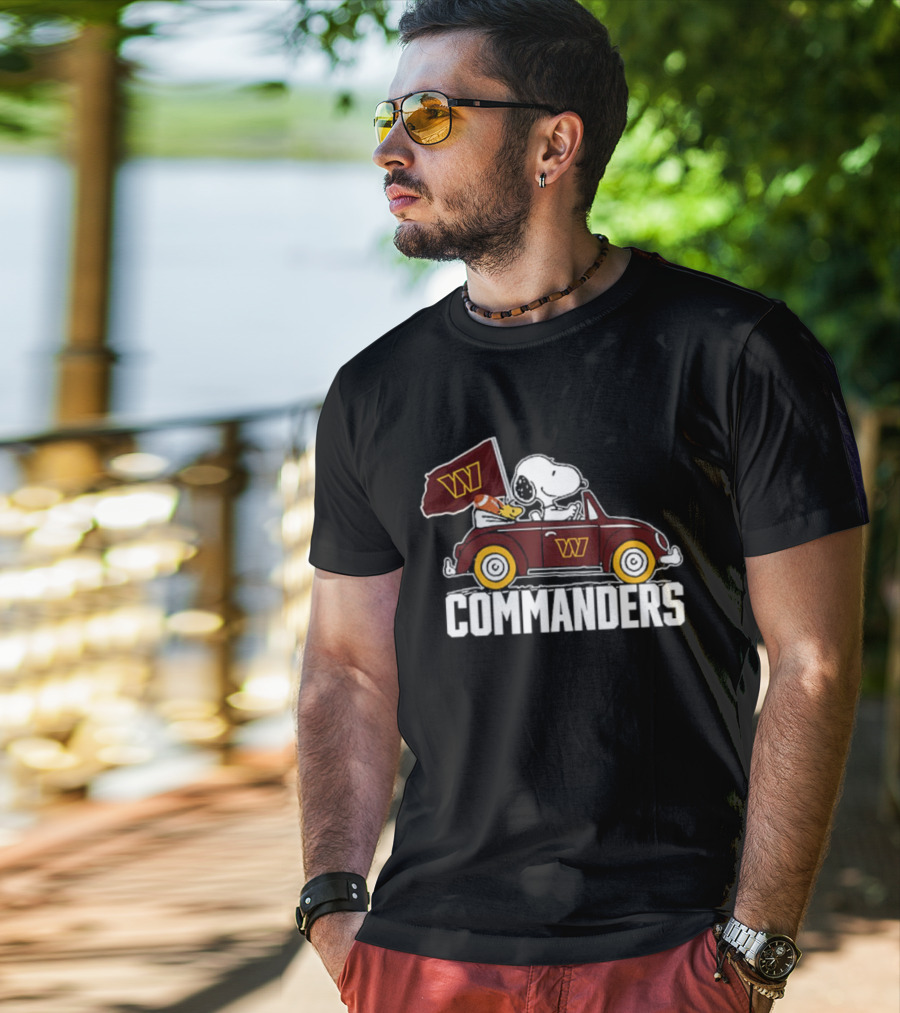 Snoopy And Woodstock Driving Car With Washington Commanders Flag T-Shirt