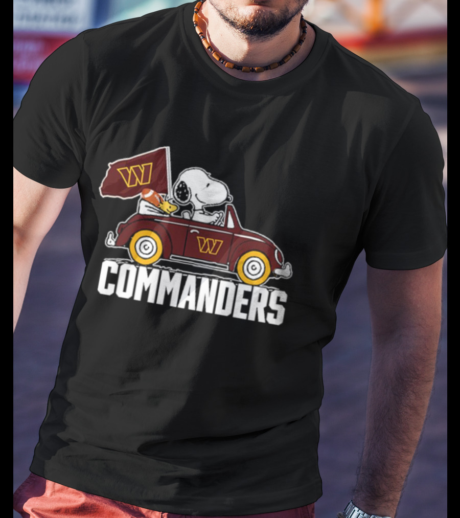 Snoopy And Woodstock Driving Car With Washington Commanders Flag T-Shirt
