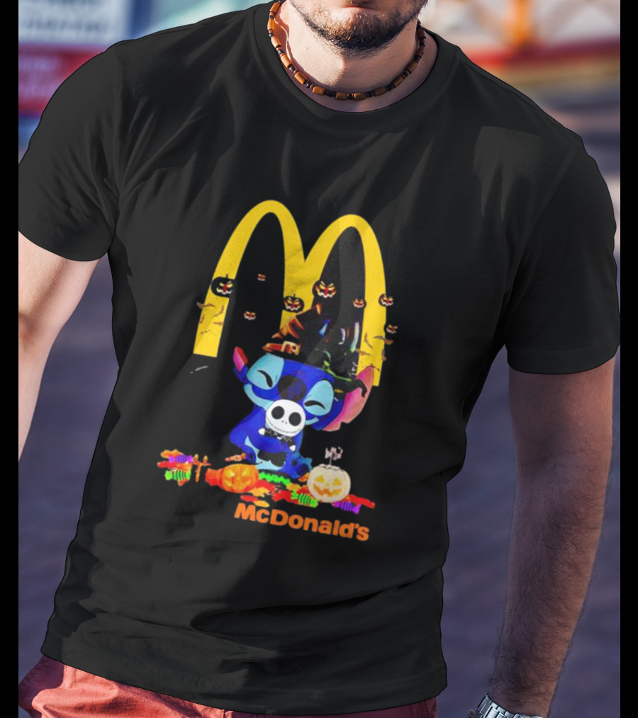 Stitch Hugging Jack Skellington With McDonald’s Halloween Pumpkins And Candy T-Shirt