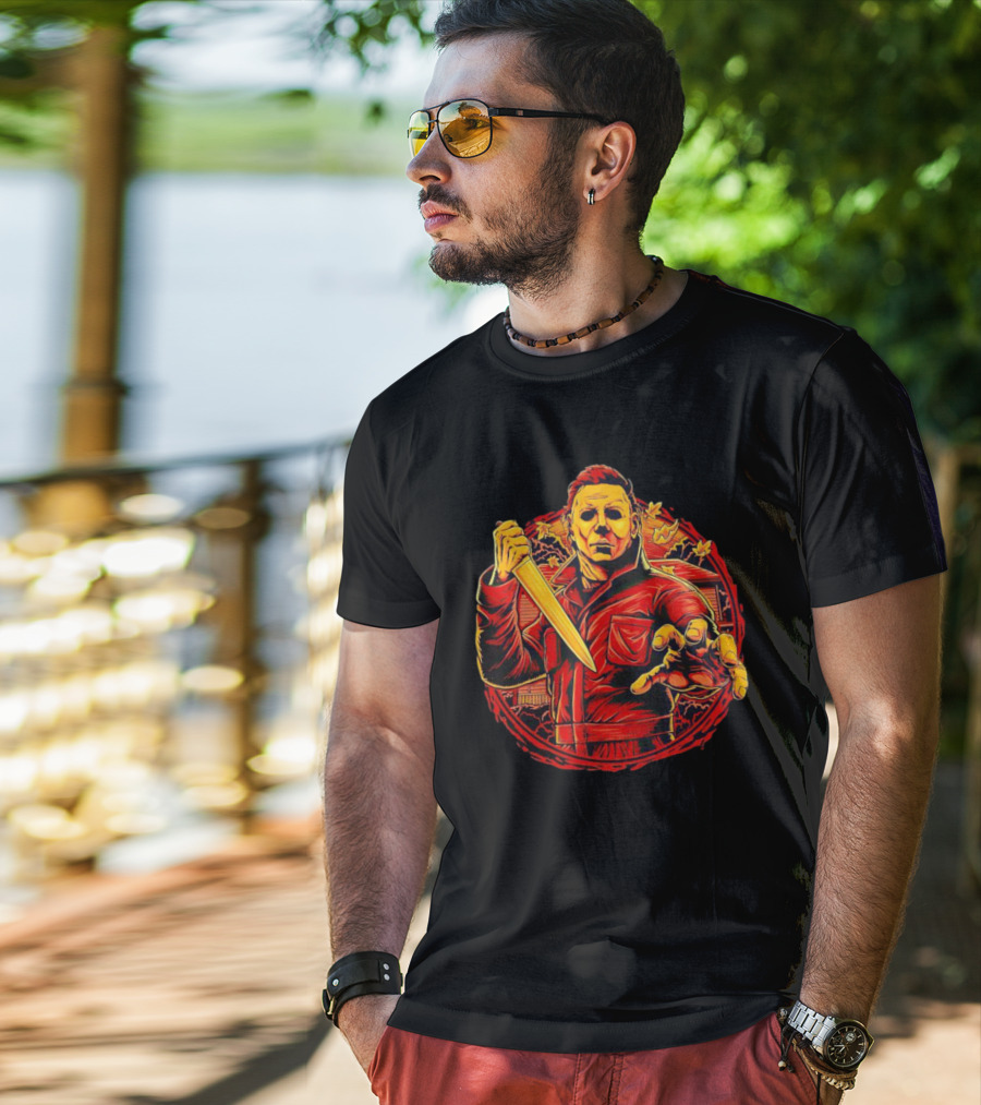 Haddonfield Horror Michael Myers With Knife Halloween Scene T-Shirt