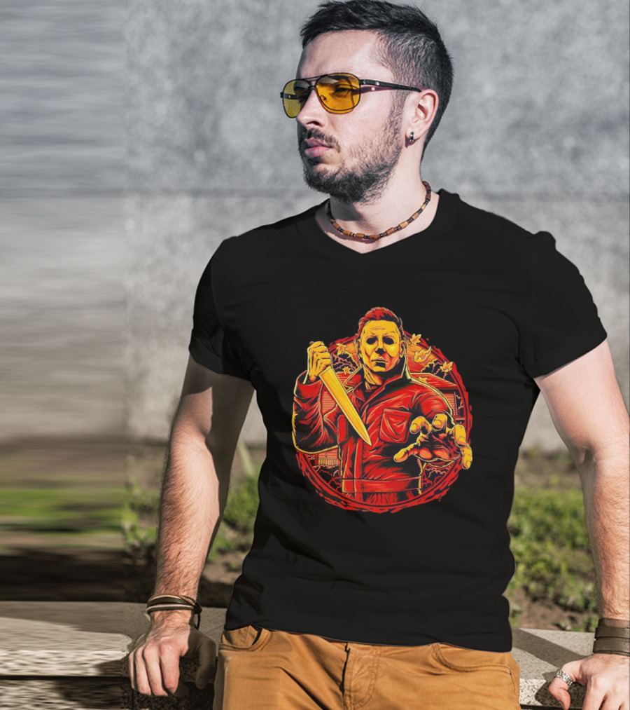 Haddonfield Horror Michael Myers With Knife Halloween Scene T-Shirt