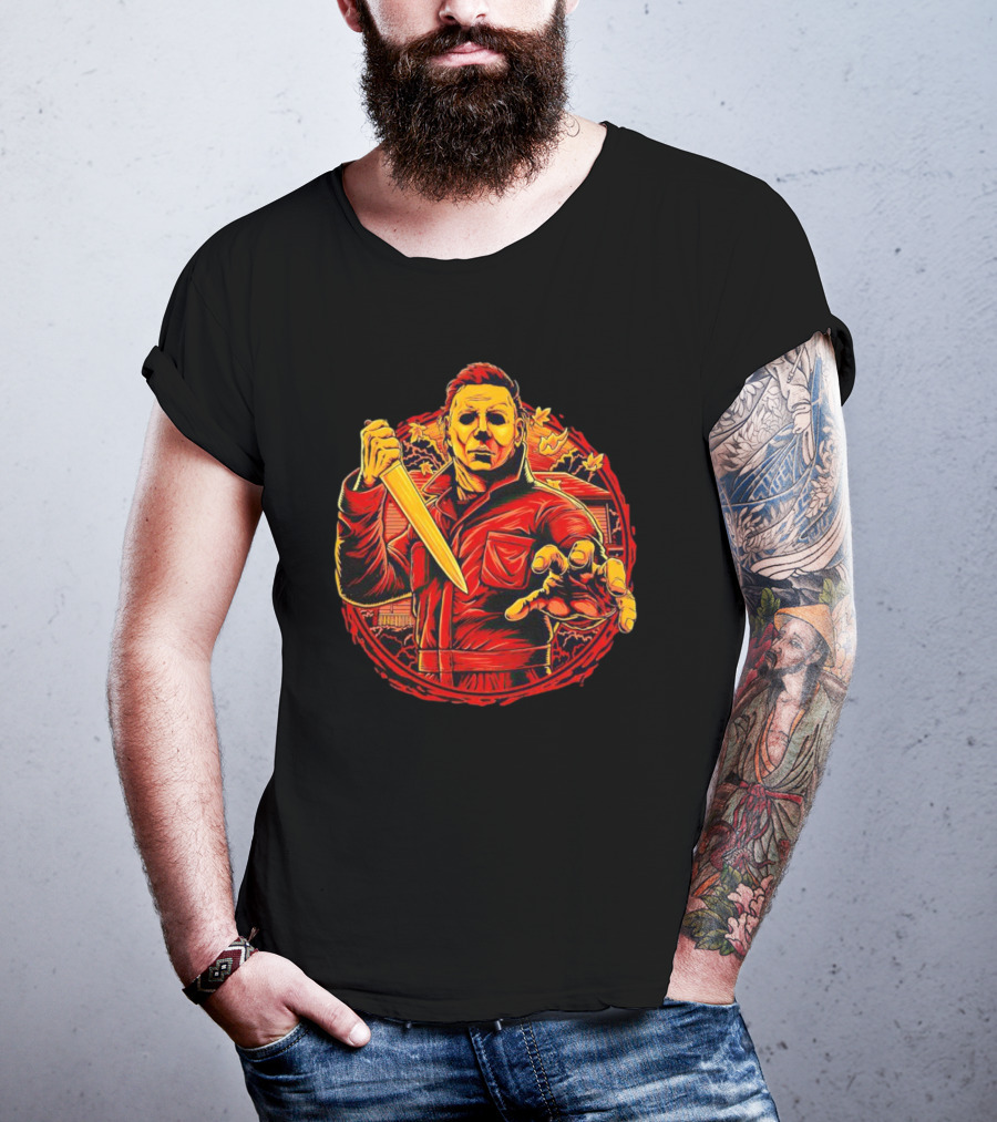 Haddonfield Horror Michael Myers With Knife Halloween Scene T-Shirt