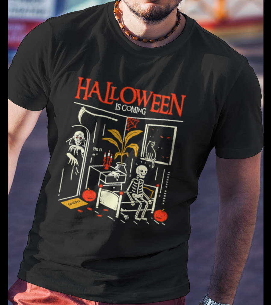 Halloween Is Coming Skeleton With Ghost And Pumpkins In Spooky Room T-Shirt