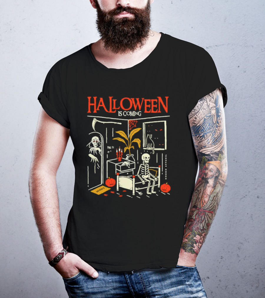 Halloween Is Coming Skeleton With Ghost And Pumpkins In Spooky Room T-Shirt