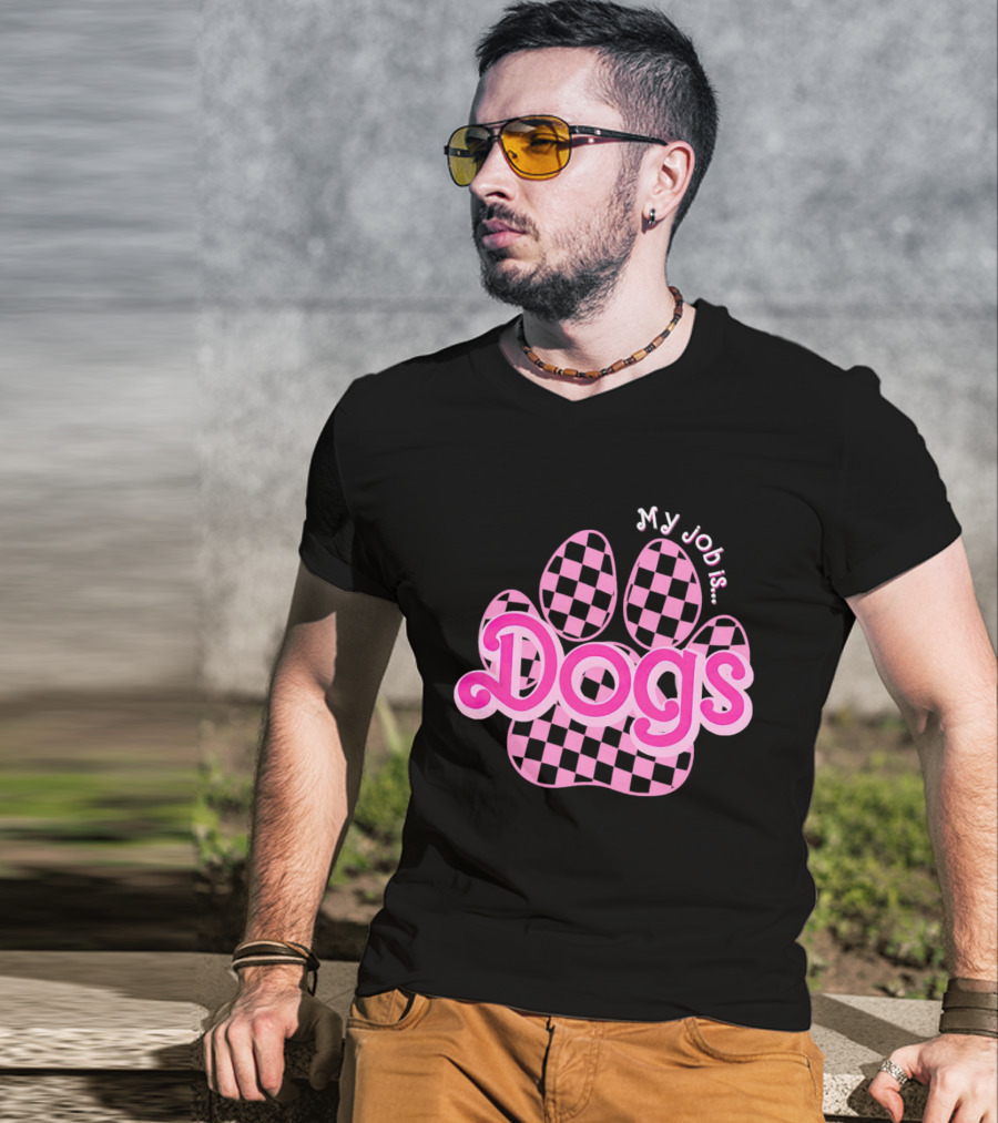 Barbie My Job Is Dogs Pink Checkered Paw Prints T-Shirt