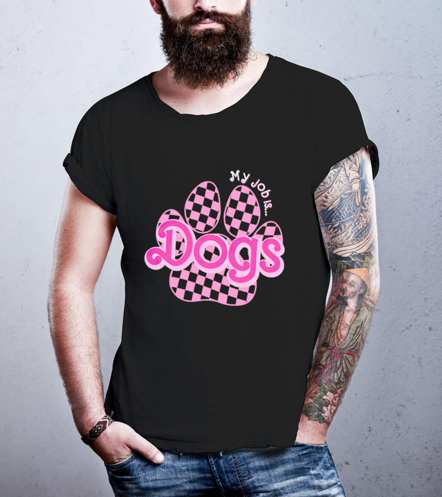 Barbie My Job Is Dogs Pink Checkered Paw Prints T-Shirt