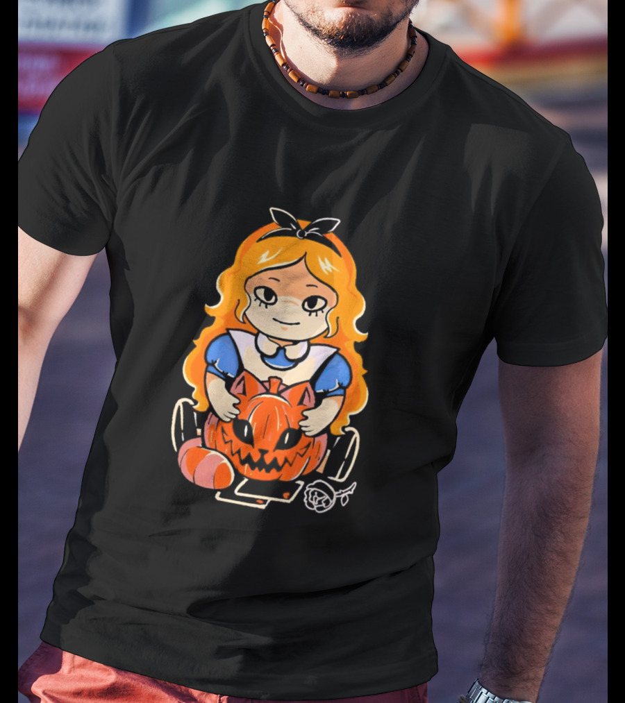 Chibi Alice Wonderland Halloween With Pumpkin And Rose T-Shirt