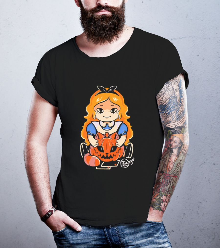 Chibi Alice Wonderland Halloween With Pumpkin And Rose T-Shirt