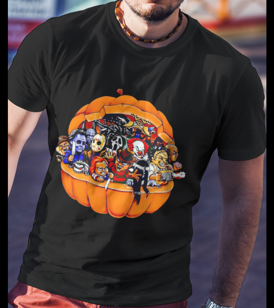 Horror Movie Characters Inside Pumpkin Halloween Icons T-Shirt