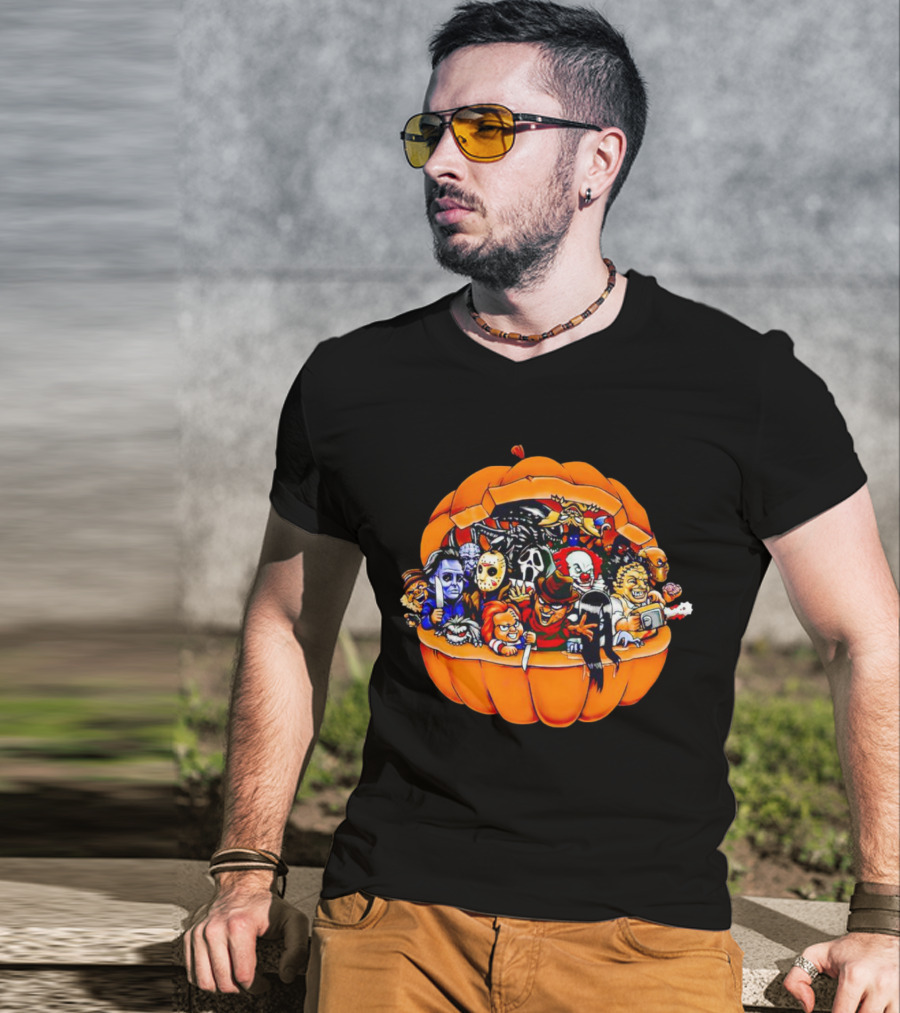 Horror Movie Characters Inside Pumpkin Halloween Icons T-Shirt