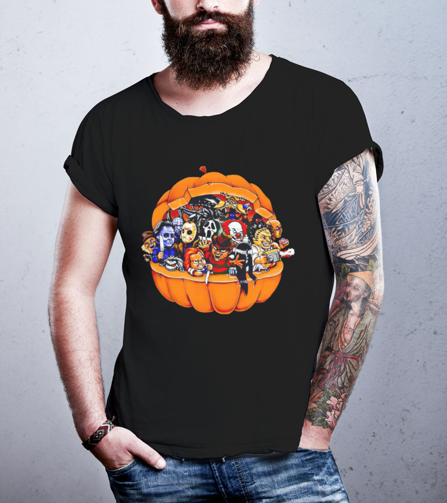 Horror Movie Characters Inside Pumpkin Halloween Icons T-Shirt