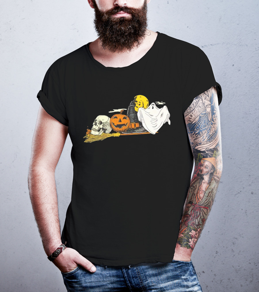 SpooKY Halloween Vintage Skull Pumpkin Ghost Witch Hat Moon Scene T-Shirt