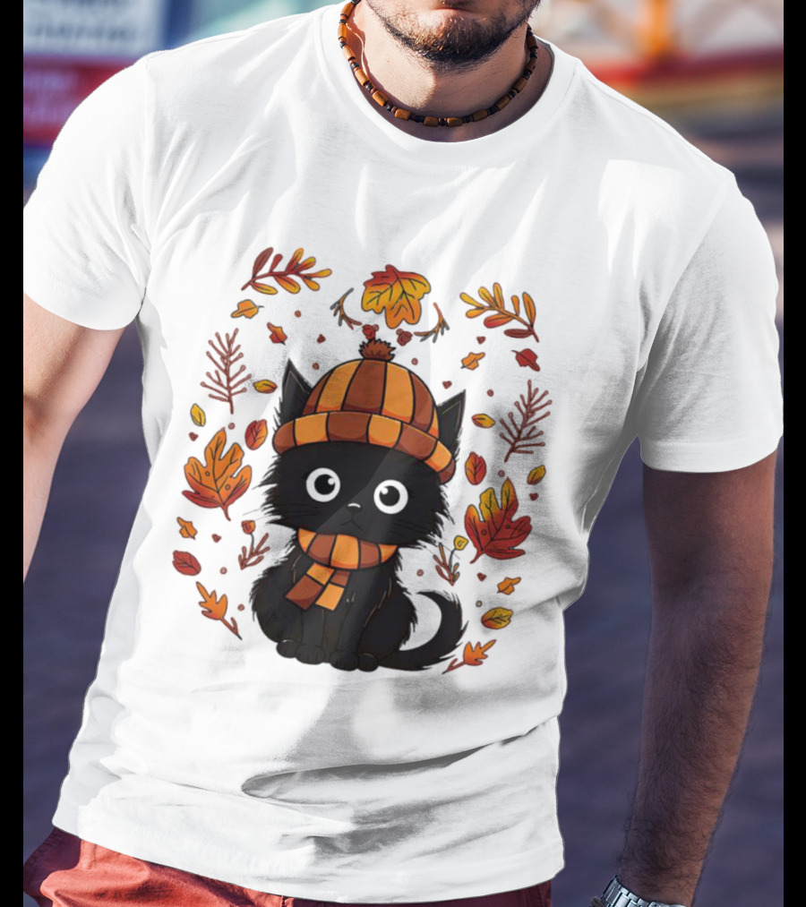 Black Cat Autumn Leaves Cozy Fall T-Shirt