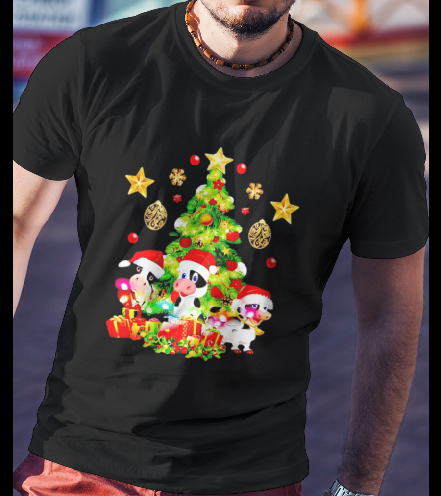 Dairy Cow With Christmas Tree Festive Santa Hats And Presents T-Shirt
