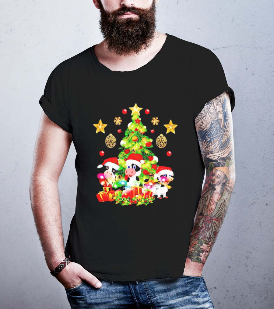 Dairy Cow With Christmas Tree Festive Santa Hats And Presents T-Shirt