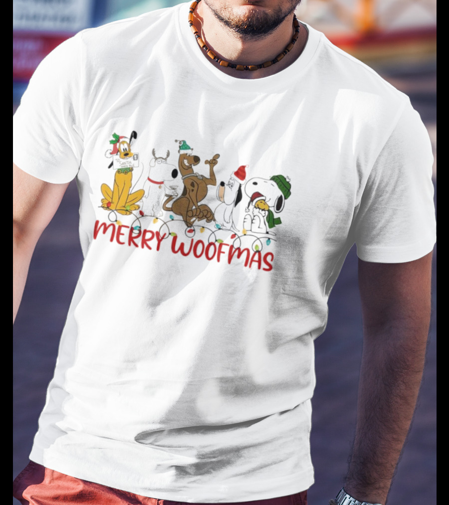 Disney Dogs Merry Woofmas Holiday Celebration With Christmas Lights And Hats T-Shirt
