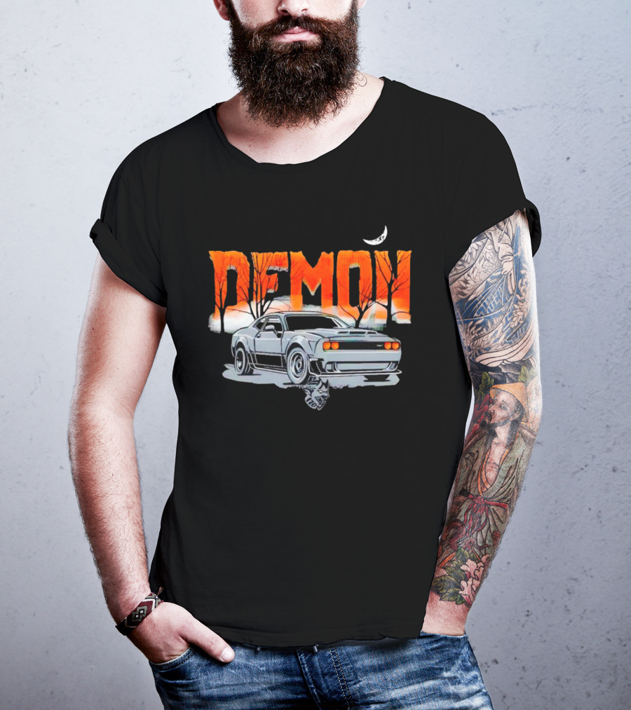 Demon Dodge Challenger SRT Halloween Moon Scene T-Shirt