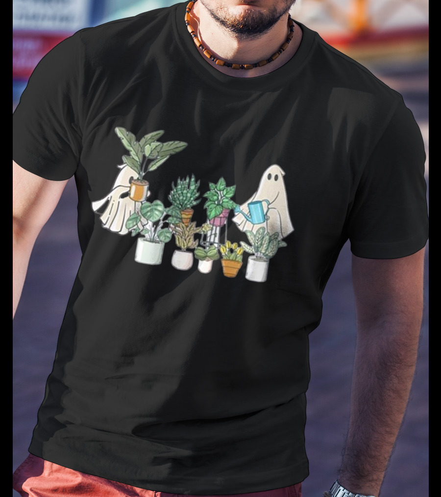 Ghost Plant Lady Halloween With Plant Pots T-Shirt
