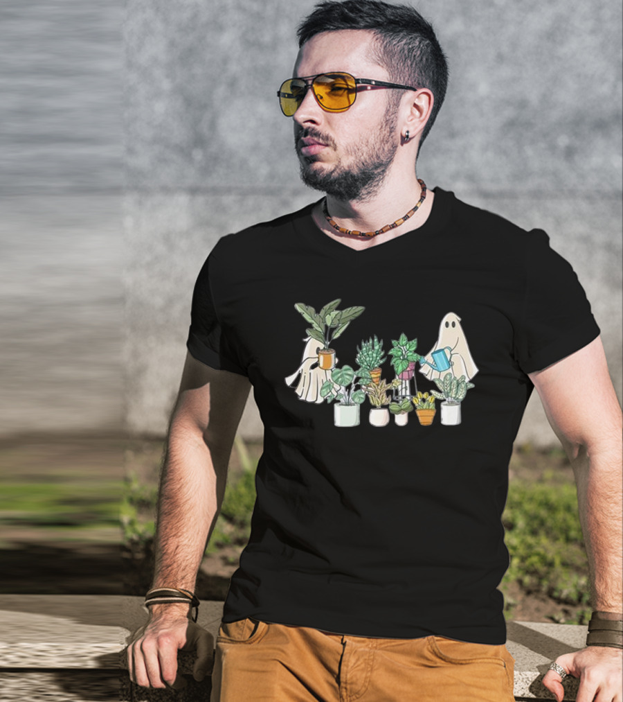 Ghost Plant Lady Halloween With Plant Pots T-Shirt