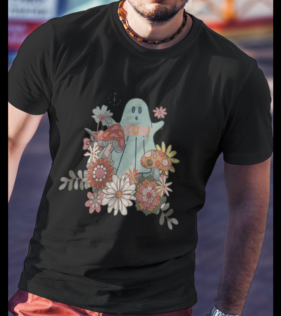 Hippie Boo Ghost With Flowers And Colorful Mushrooms T-Shirt
