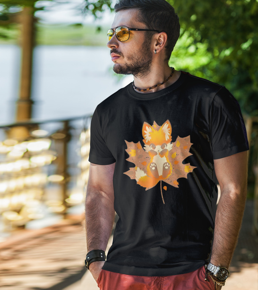 Kitsune Autumn Fox With Maple Leaf And Fall Colors T-Shirt