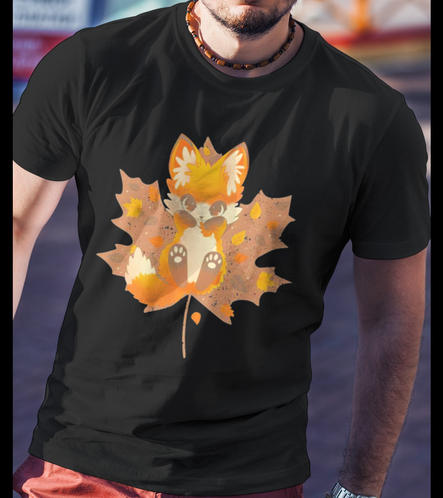 Kitsune Autumn Fox With Maple Leaf And Fall Colors T-Shirt